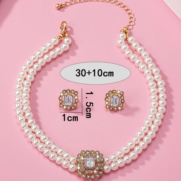 1 Set Double Layers Imitation Faux Pearl & Geometric Full Of Rhinestone Design - Picture 4 of 4